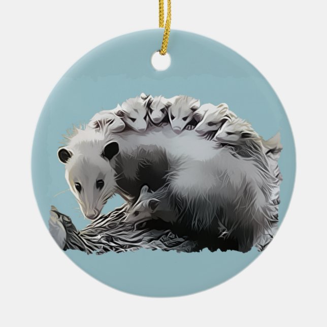 Possom Family on a Log Ceramic Tree Decoration (Front)