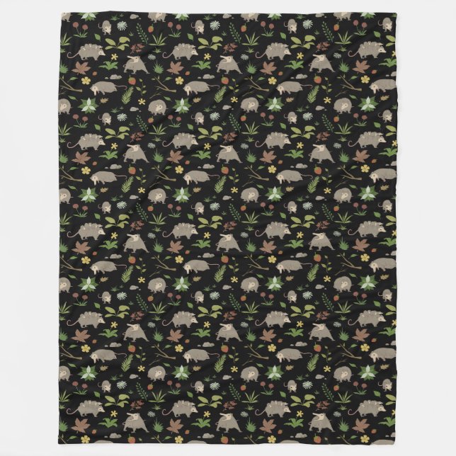 Possums in a Berry Field in Black Fleece Blanket (Front)