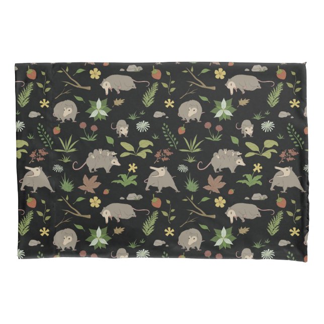 Possums in a Berry Field in Black Pillowcase (Front)