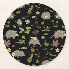 Possums in a Berry Field in Black Round Paper Coaster