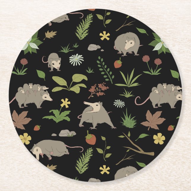 Possums in a Berry Field in Black Round Paper Coaster (Front)