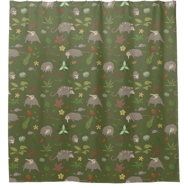Possums in a Berry Field in Green Shower Curtain (Front)