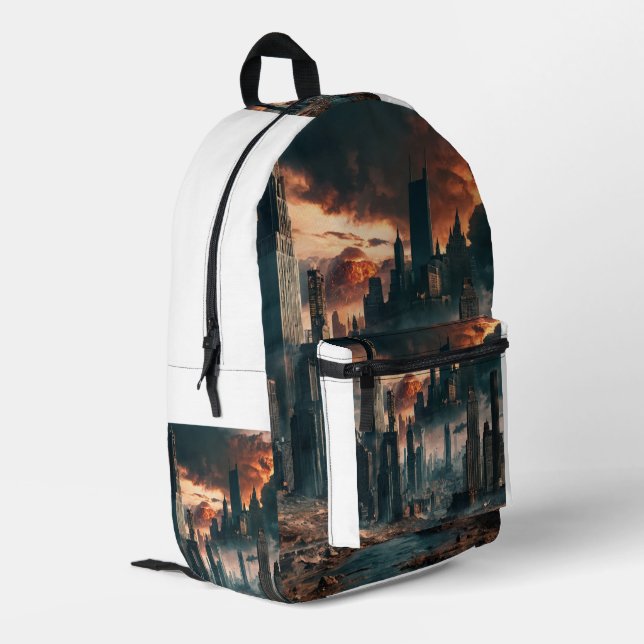 "Post-Apocalyptic Skyline: Icons of a Fallen World Printed Backpack (Back Corner Left)