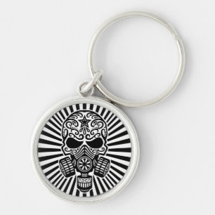 Post Apocalyptic Sugar Skull, black and white Key Ring