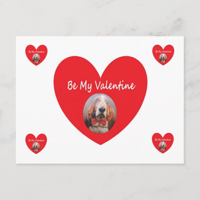 Post Card Basset Hound Red Heart Be My Valentine (Front)