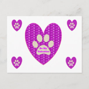 Post Card Paw Heart Pink White Glitter