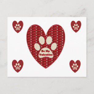 Post Card Paw Heart Red White Glitter