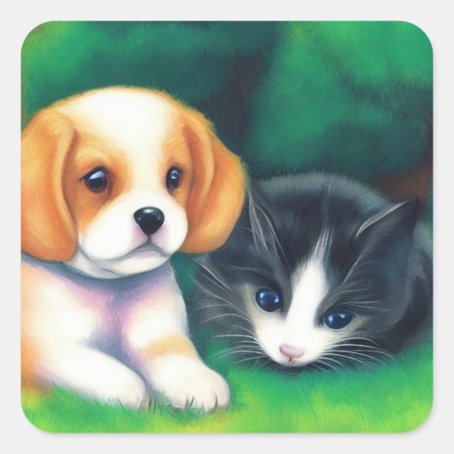 Post Impressionist Cat and Dog on Grassy Lawn Square Sticker (Front)