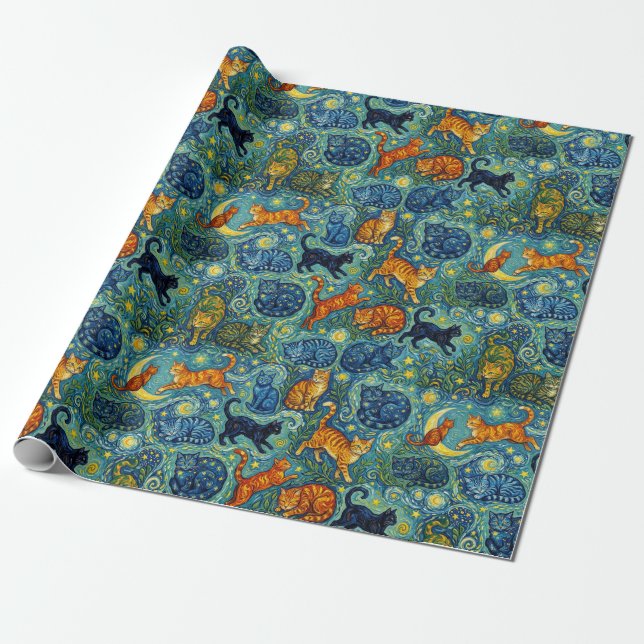 Post Impressionist Style Cats Wrapping Paper (Unrolled)