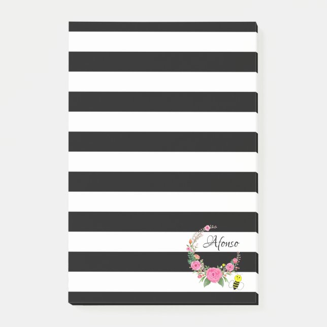 Post-it Notes Black  Stripe Bumblebee Floral (Front)