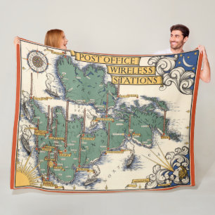 Post Office Wireless Stations Map, Great Britain Fleece Blanket