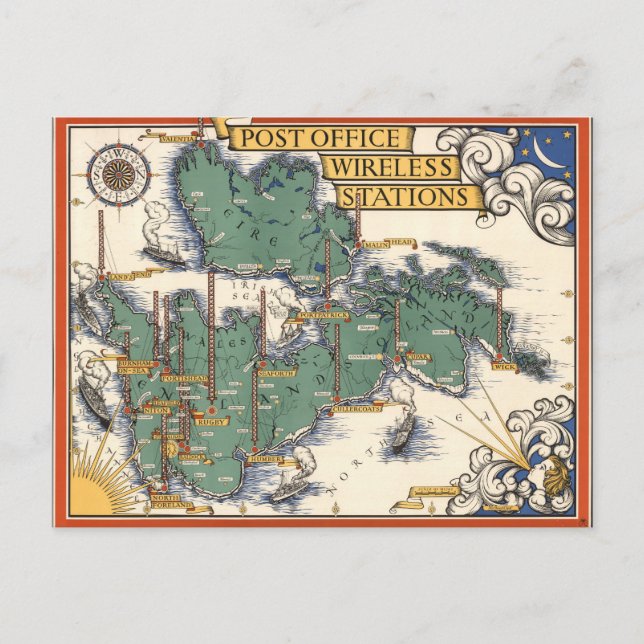 Post Office Wireless Stations Map, Great Britain Postcard (Front)