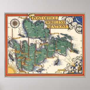 Post Office Wireless Stations Map, Great Britain Poster