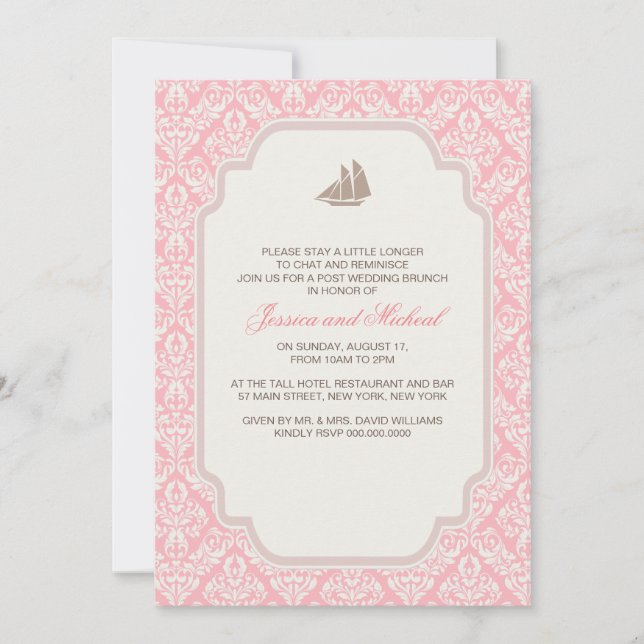 Post Wedding Brunch Invitations Pink Damask (Front)