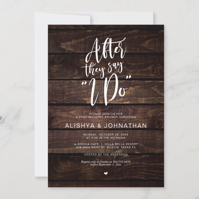 Post Wedding Brunch, Rustic Dark Wood Script Invitation (Front)