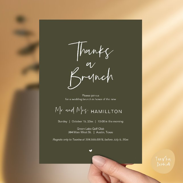 Post wedding Celebration, Thanks a Brunch Invitation (Thanks a Brunch, Post modern wedding celebration, wedding crew, Invitation card, Olive Sage Green)