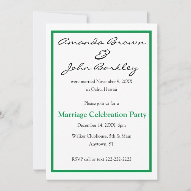 Post Wedding Marriage Celebration Party - greeen Invitation (Front)
