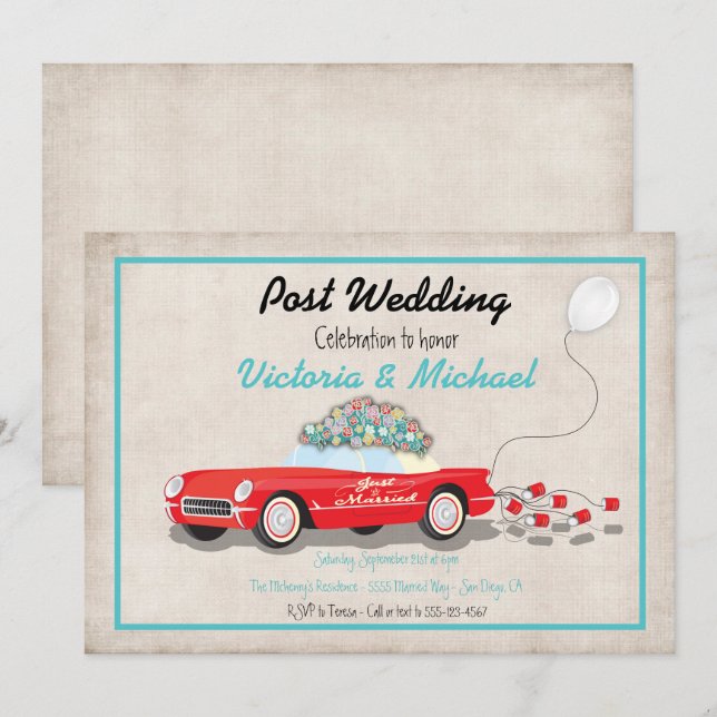 Post Wedding Retro Car Just Married Invitation (Front/Back)