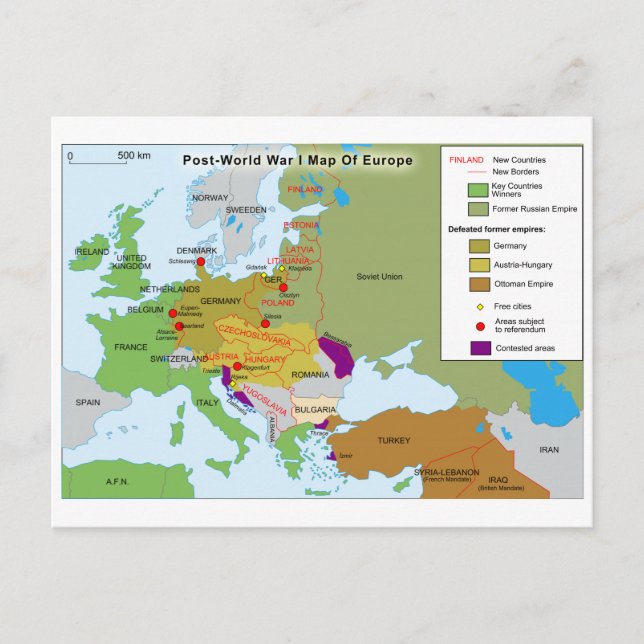 Post World War I Map of Europe Postcard (Front)