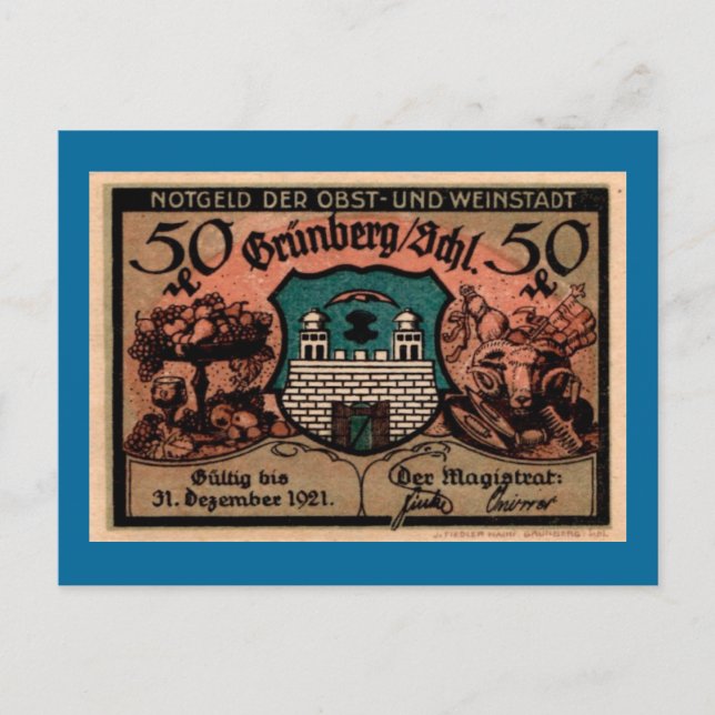 Post WW1 German Fifty Pfennig Note Postcard (Front)