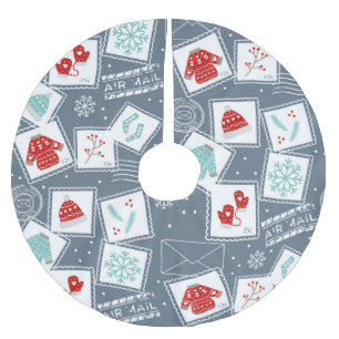 Postage Stamp Christmas Holiday Red Blue Cute Brushed Polyester Tree Skirt