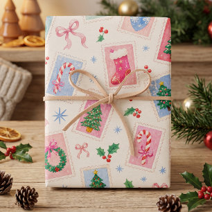 Postage Stamp Coquette Pink Ribbon Holly Holiday Wrapping Paper Sheet