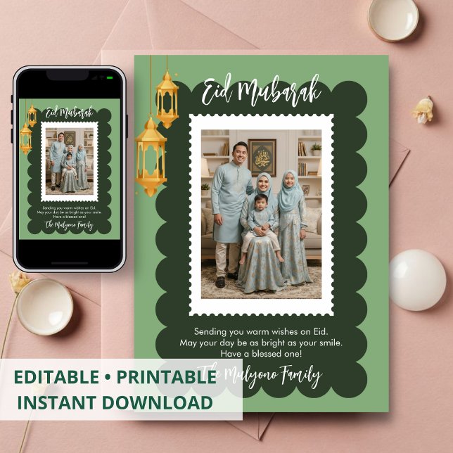 Postage Stamp Photo Frame Sage Green Eid Mubarak Holiday Card (Creator Uploaded)