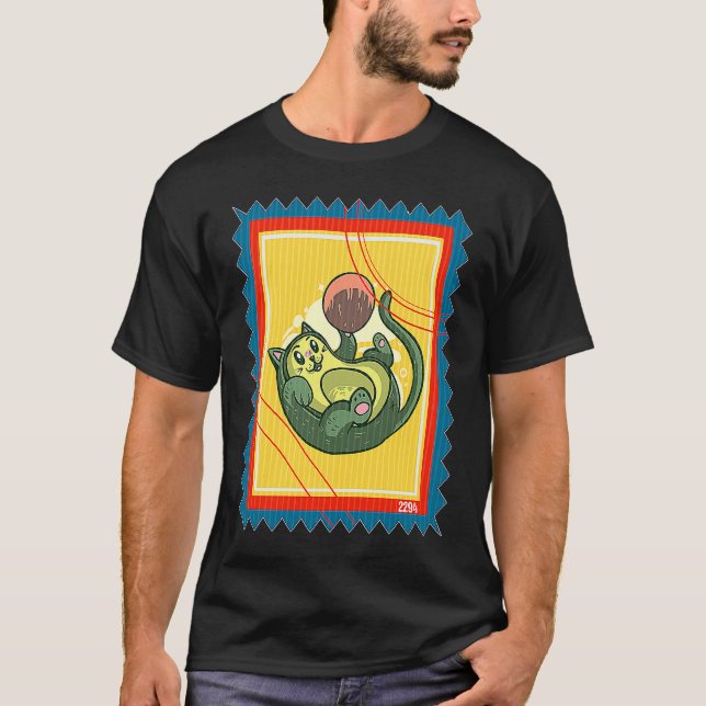 Postage Stamp Vegetable Cat Avocado T-Shirt (Front)