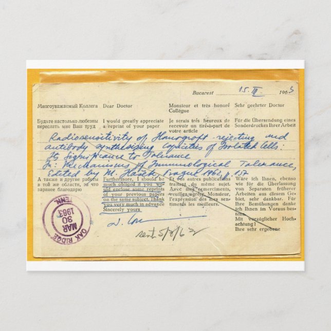 Postal card mailed in 1963, from an Oncology Lab (Front)
