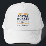 Postal Worker Retirement Not My Priority Retired Trucker Hat<br><div class="desc">Funny postal worker retirement parting gifts for your favourite letter carrier. The design is modern featuring orange and navy distressed vintage feel. The saying on the design says "Retired Postal Worker You're No Longer My Priority"

Perfect retiring keepsake from coworkers or boss to post office employee</div>