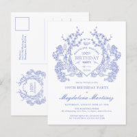 POSTCARD 100TH Birthday Blue Floral Crest Invite
