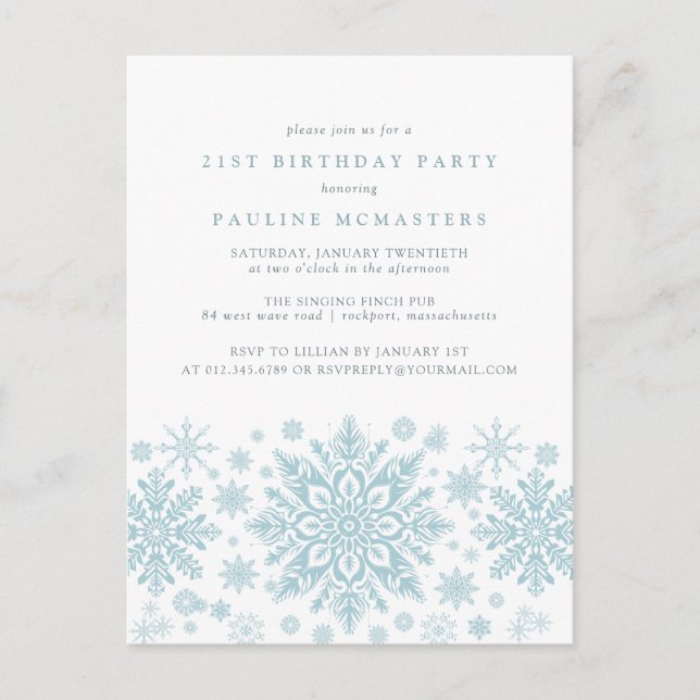 POSTCARD 21st Birthday Blue Snowflake Invitation (Front)