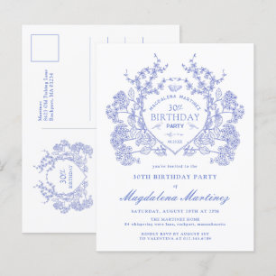 POSTCARD 30TH Birthday Blue Floral Crest Invite