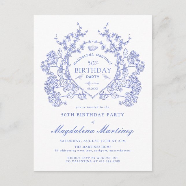 POSTCARD 50TH Birthday Blue Floral Crest Invite (Front)