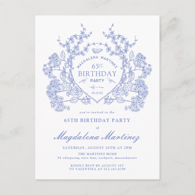 POSTCARD 65TH Birthday Blue Floral Crest Invite (Front)