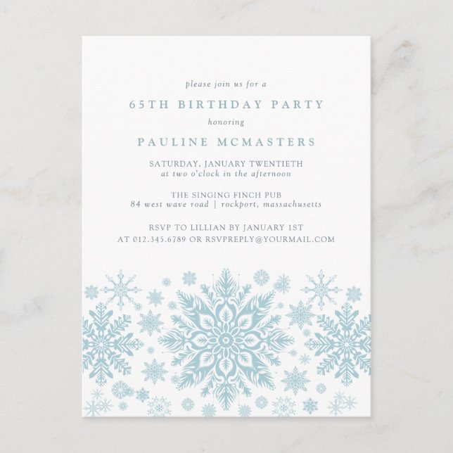 POSTCARD 65th Birthday Blue Snowflake Invitation (Front)