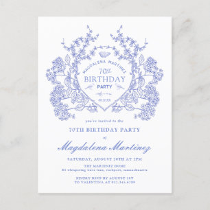 POSTCARD 70TH Birthday Blue Floral Crest Invite
