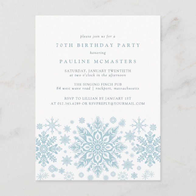 POSTCARD 70th Birthday Blue Snowflake Invitation (Front)