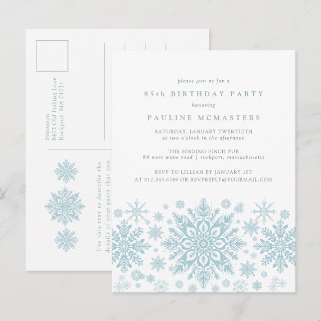 POSTCARD 85th Birthday Blue Snowflake Invitation (Front/Back)