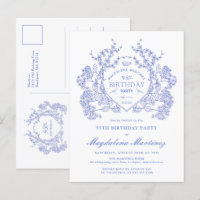POSTCARD 95TH Birthday Blue Floral Crest Invite