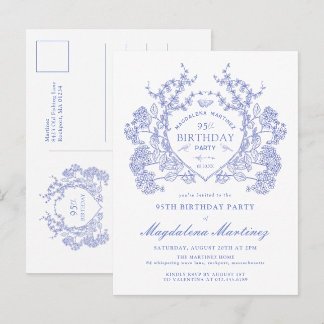 POSTCARD 95TH Birthday Blue Floral Crest Invite (Front/Back)