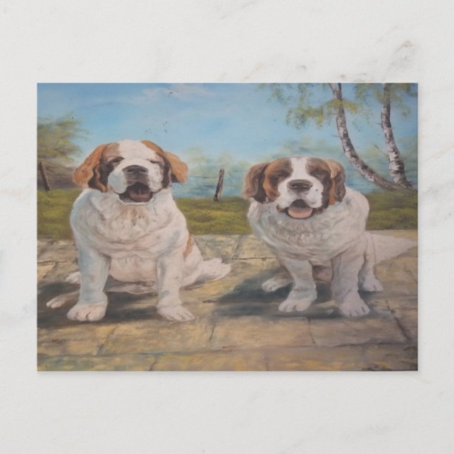 Postcard Ann Hayes Painting Two St Bernards (Front)