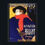 Postcard: Aristide Bruant by Toulouse-Lautrec Postcard<br><div class="desc">This is a reproduction of the famous poster "Aristide Bruant dans Son Cabaret"  designed by Henri de Toulouse-Lautrec in 1893.  .Aristide Bruant was a French cabaret singer and songwriter. He commissioned the poster himself.</div>