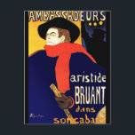 Postcard: Aristide Bruant by Toulouse-Lautrec Postcard<br><div class="desc">This is a reproduction of the famous poster "Aristide Bruant dans Son Cabaret"  designed by Henri de Toulouse-Lautrec in 1893.  .Aristide Bruant was a French cabaret singer and songwriter. He commissioned the poster himself.</div>