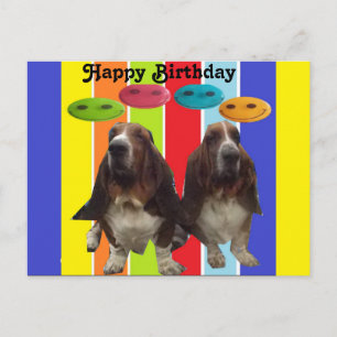 Postcard Baby Happy Birthday Basset Hounds Rainbow