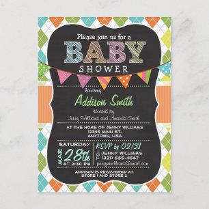 Postcard Baby Shower; Colourful Argyle Invitation