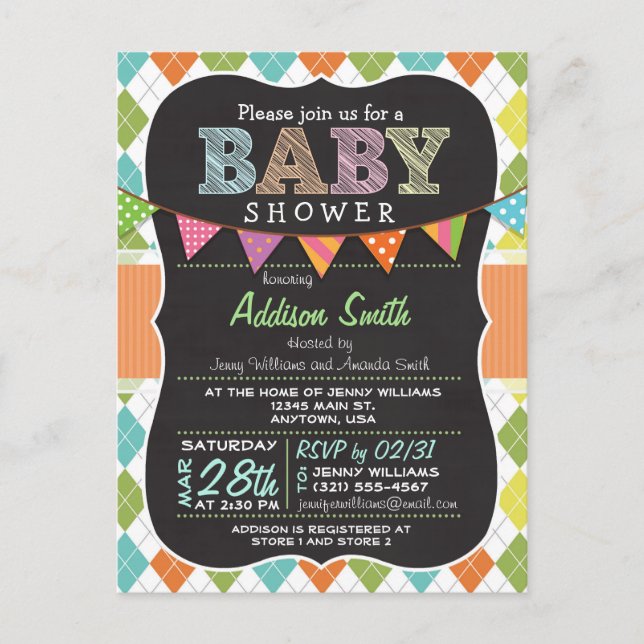 Postcard Baby Shower; Colourful Argyle Invitation (Front)