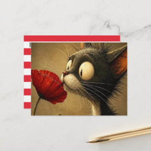 Postcard Black & White Cat Red Flower Stripe