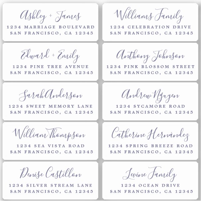 Postcard Blue Calligraphy Guest Address Labels (Front)