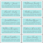Postcard Calligraphy Wedding Guest Address Labels<br><div class="desc">Easy to personalise, names and addresses / individual wedding address label stickers for guests in a 2 x 0.8 inch size suitable for postcards! These chic, modern and simple wedding address labels feature your wedding guest names in off-black elegant handwritten script calligraphy and stylish typography on a turquoise blue background....</div>